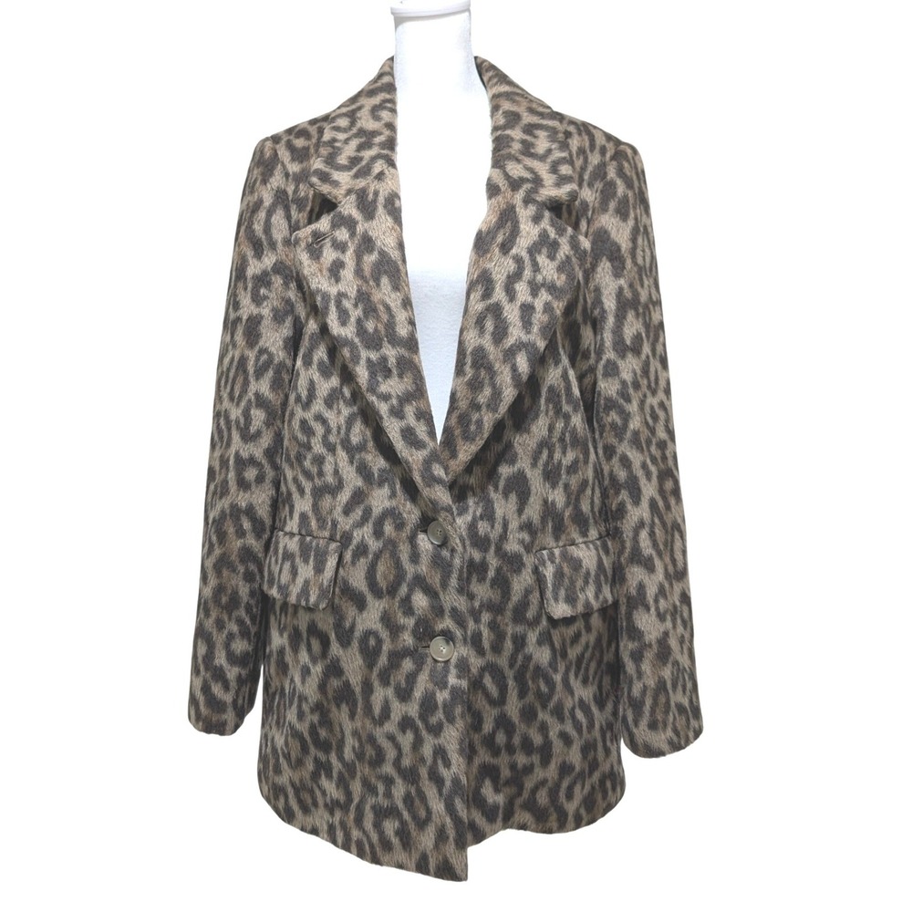 Rebecca Taylor Leopard Print Wool Blend Blazer Coat Brown Tan Large Mob Wife